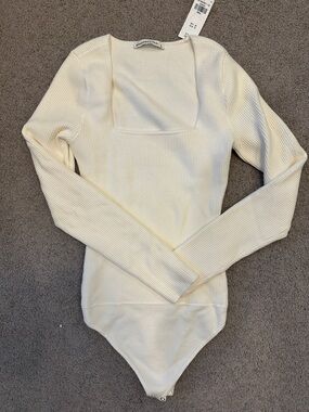 Abercrombie Cream Ribbed Square-Neck Bodysuit Sweater